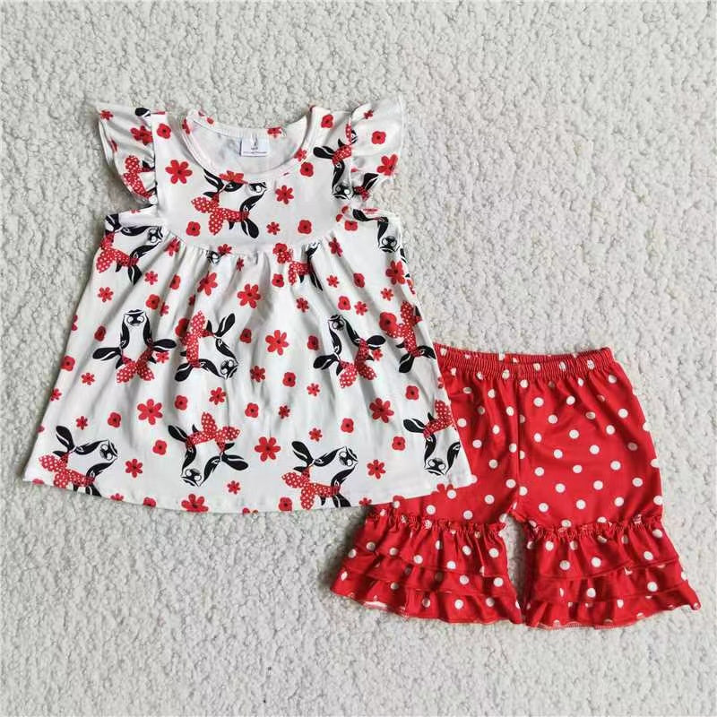 Girls Cow Outfits Short Sleeves Red Polka Dot Shorts