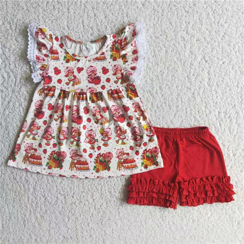 Girls Strawberry Cakes Outfits Short Sleeves Red Shorts