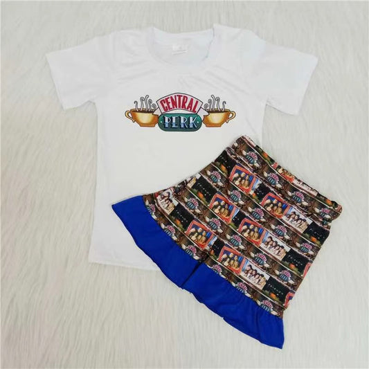 Girls Central Perk Outfits Short Sleeves Blue Shorts