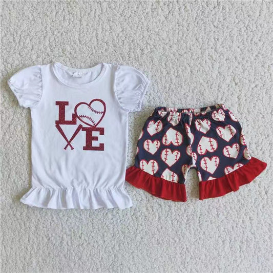 Girls Love Baseball Outfits Short Sleeves Red Shorts