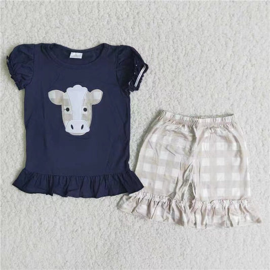 Girls Embroidery Cow Navy Outfits Short Sleeves Shorts