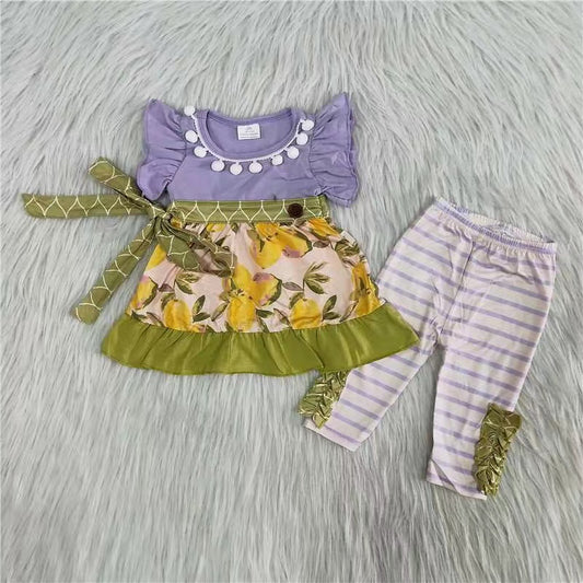 Girls Floral Outfits Short Sleeves Purple Stripe Pants