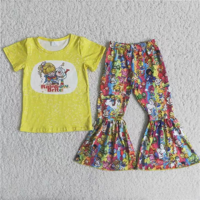 Girls Rainbow Cartoon Yellow Outfits Short Sleeves Bell Bottom Pants