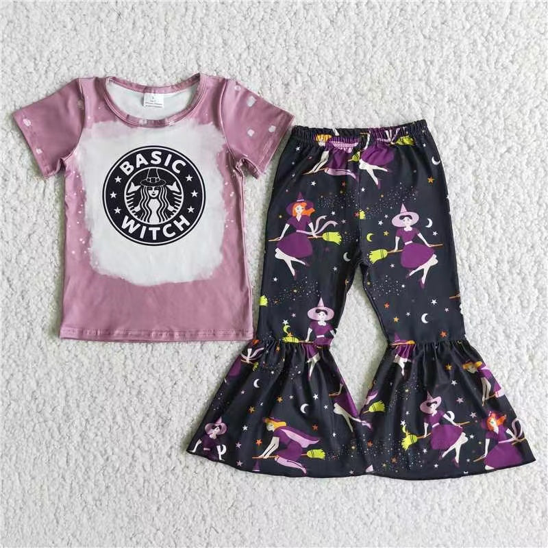 Girls Basic Witch Outfits Short Sleeves Bell Bottom Pants