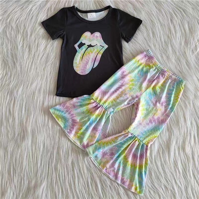 Girls Tongue Outfits Short Sleeves Bell Bottom Tie-dye Pants