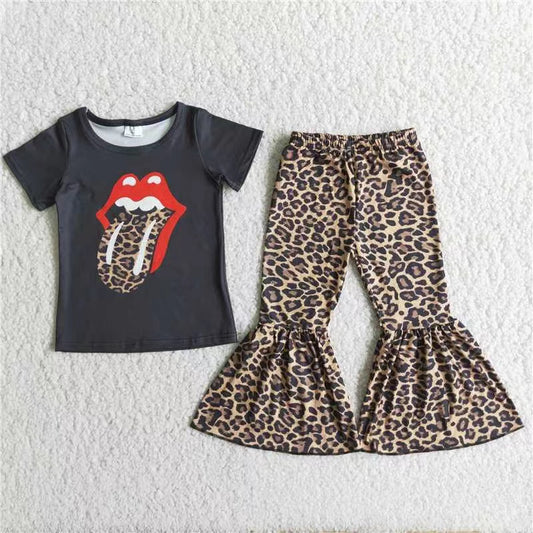 Girls Tongue Outfits Short Sleeves Bell Bottom Leopard Pants