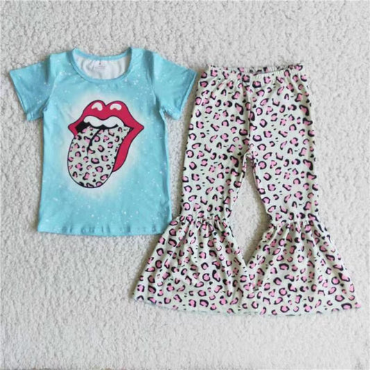 Girls Tongue Blue Outfits Short Sleeves Bell Bottom Leopard Pants