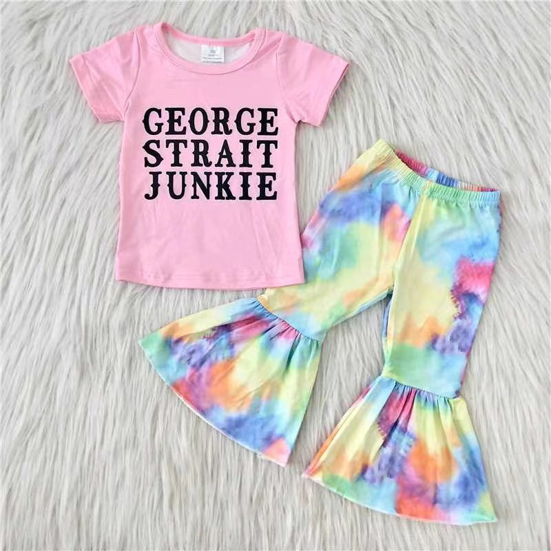 Girls Letters Print Pink Outfits Short Sleeves Tie-dye Pants