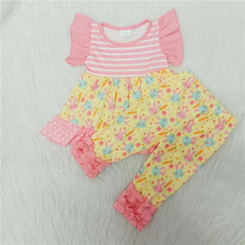 Girls Easter Bunny Outfits Flutter Sleeves Yellow Pants