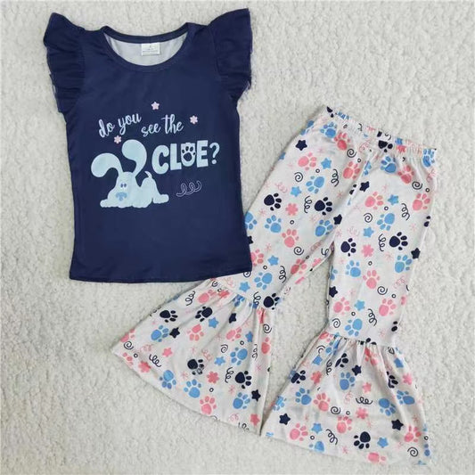 Girls Cartoon Blue Outfits Flutter Sleeves Bell Bottom Pants