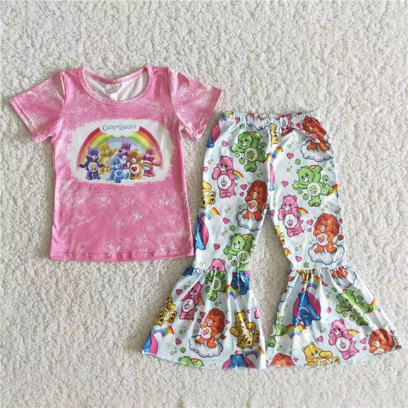 Girls Care Bears Pink Outfits Short Sleeves Bell Bottom Pants