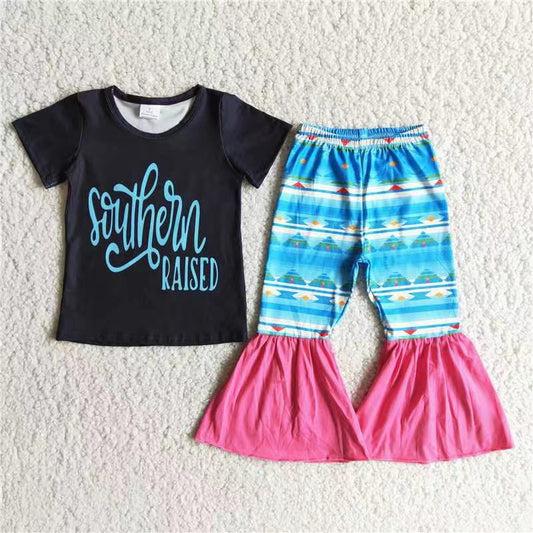 Girls Southern Raised Outfits Short Sleeves Bell Bottom Pants