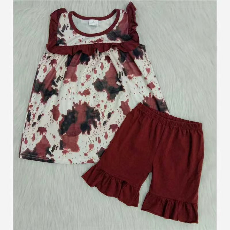 Girls Cow Outfits Sleeveless Brown Shorts