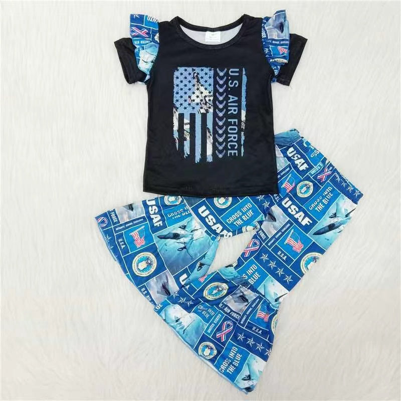 Girls US Flag Blue Outfits Short Sleeves Bell Bottom Pants