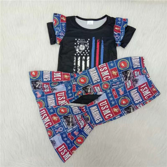 Girls Flag Black Outfits Short Sleeves Bell Bottom Pants