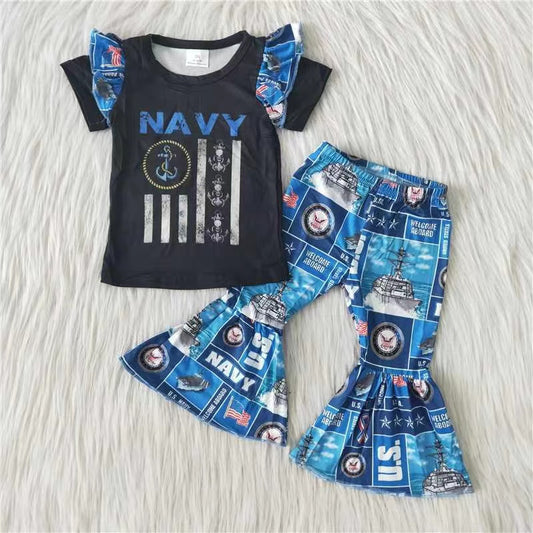 Girls Flag Navy Outfits Short Sleeves Bell Bottom Pants