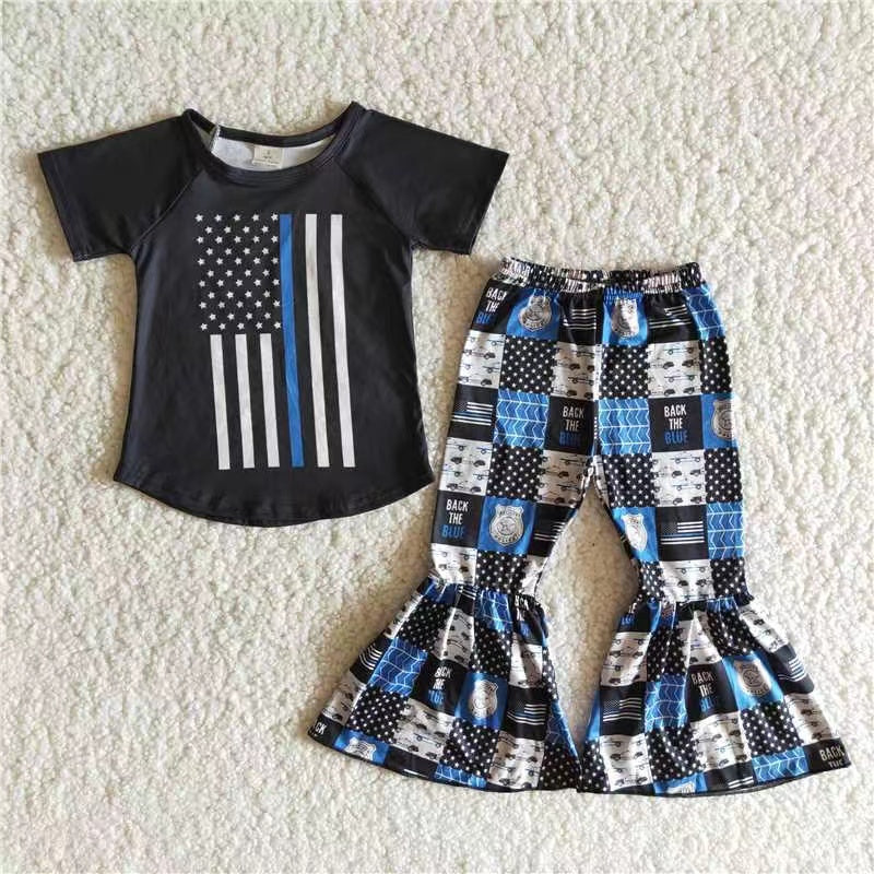 Girls Flag Back The Blue Outfits Short Sleeves Bell Bottom Pants