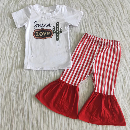 Girls Love Cactus Outfits Short Sleeves Red Stripe Pants