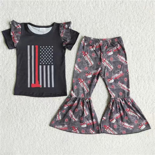 Girls Flag Fire Fighting Outfits Short Sleeves Bell Bottom Pants