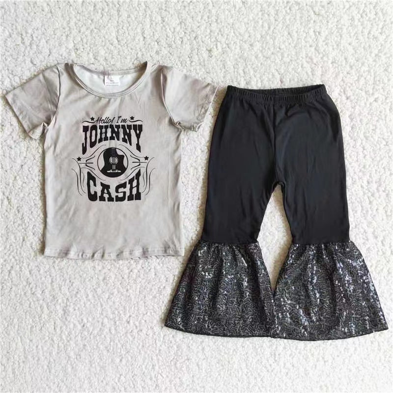 Girls Gray Outfits Short Sleeves Bell Bottom Black Pants