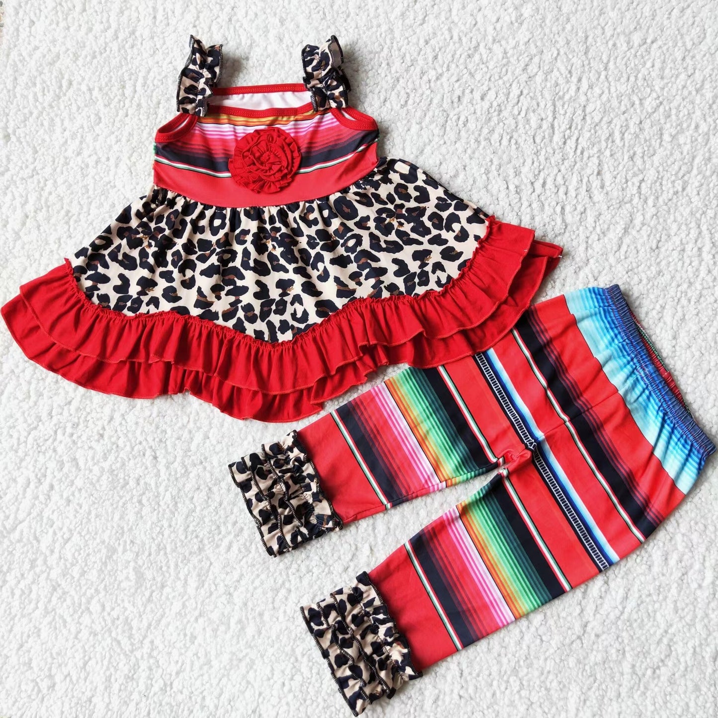 Girls Leopard Stripe Outfits Sleeveless Colorful Pants