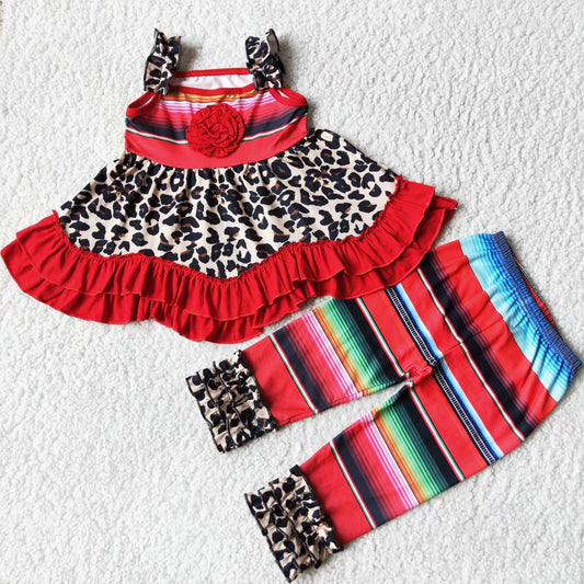 Girls Leopard Stripe Outfits Sleeveless Colorful Pants