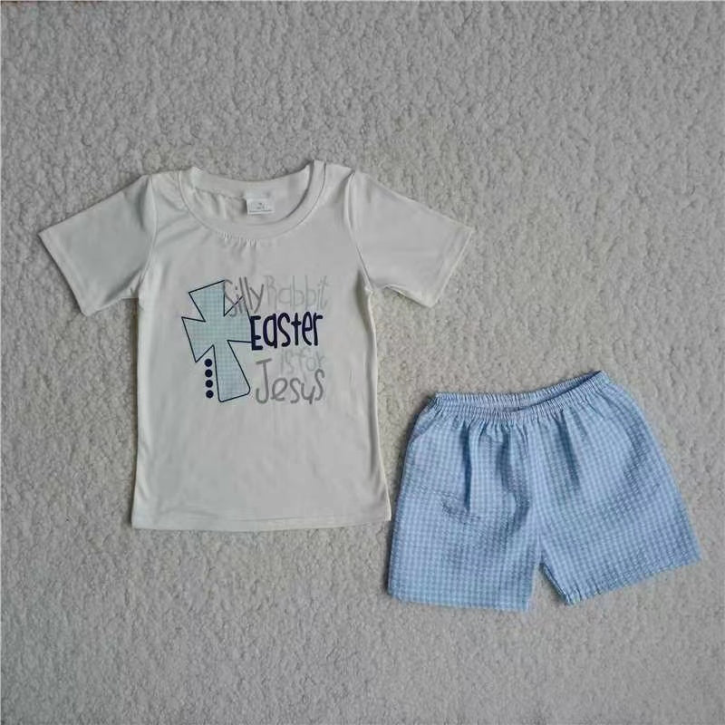 Boys Easter Jesus Cross Outfits Short Sleeves Sky Blue Shorts