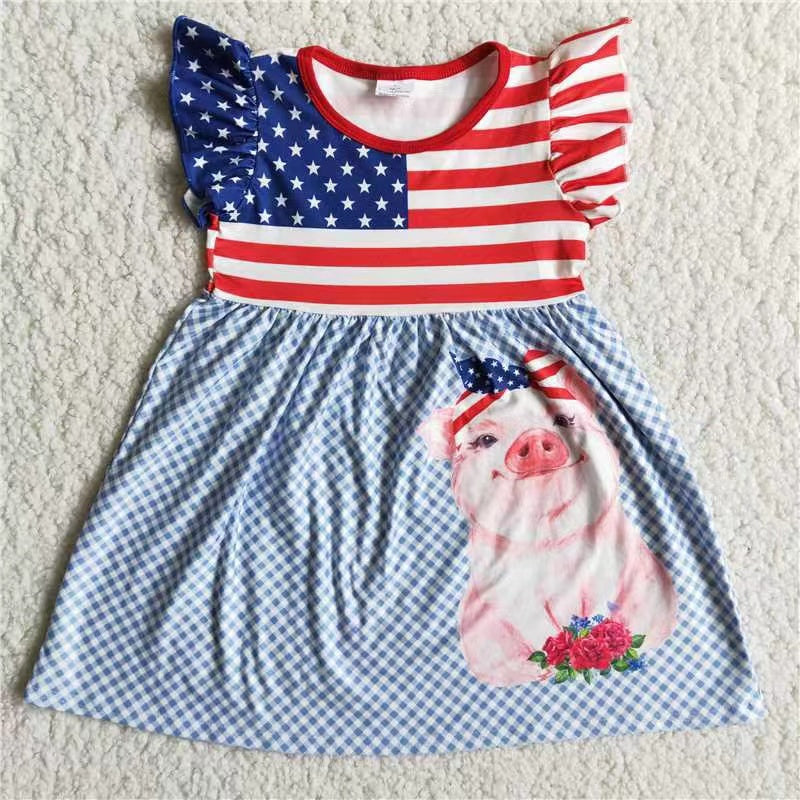 Girls Blue Stars Red Stripe Pig Dress Flutter Sleeves