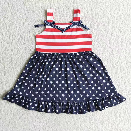 Girls Blue Stars Red Stripe Dress Sleeveless