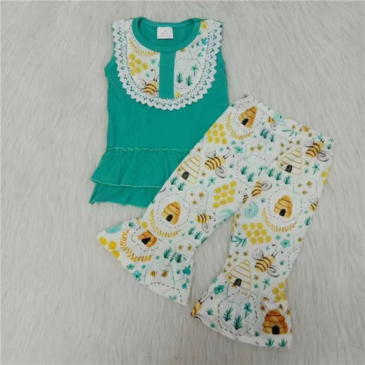 Girls Bee Green Outfits Sleeveless Ruffles Pants