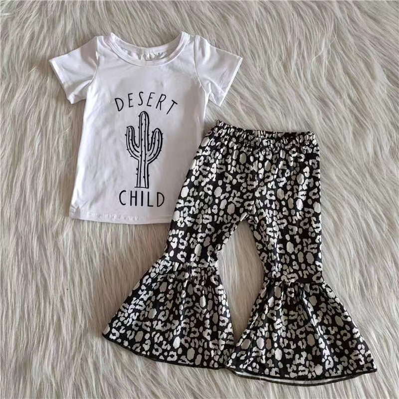 Girls Desert Child Cactus Outfits Short Sleeves Black Leopard Pants