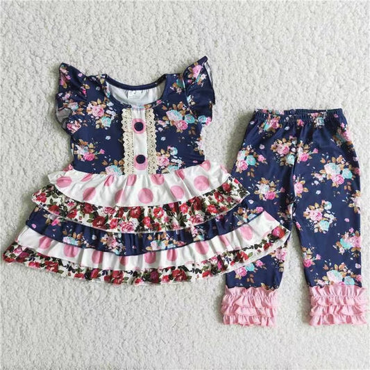 Girls Floral Navy Outfits Flutter Sleeves Pink Ruffles Pants