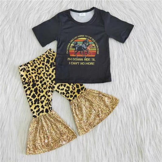 Girls Ride Horse Outfits Short Sleeves Leopard Pants