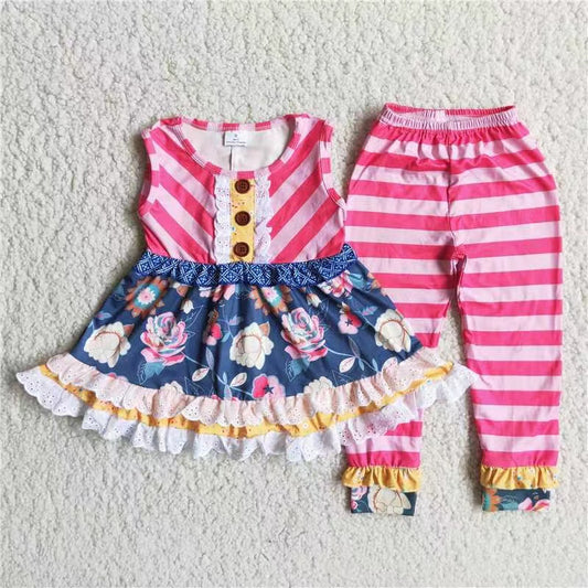 Girls Floral Outfits Sleeveless Pink Stripe Pants