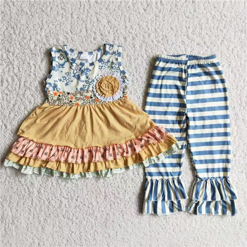 Girls Floral Outfits Sleeveless Stripe Pants