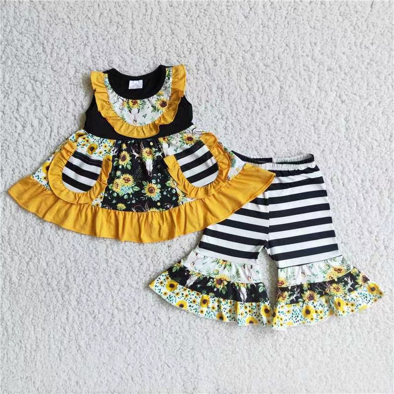 Girls Sunflowers Outfits Pocket Sleeveless Black Stripe Pants