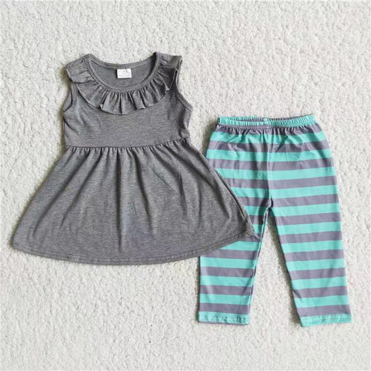 Girls Gray Outfits Sleeveless Stripe Pants