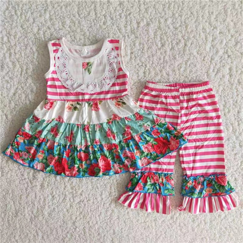 Girls Floral Outfits Sleeveless Pink Stripe Pants