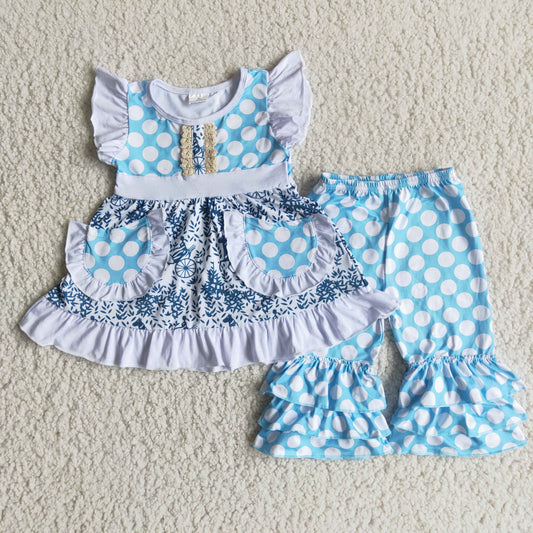 Girls Floral Outfits Sleeveless Blue Polka Dot Pants