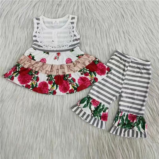 Girls Floral Outfits Sleeveless Gray Stripe Pants