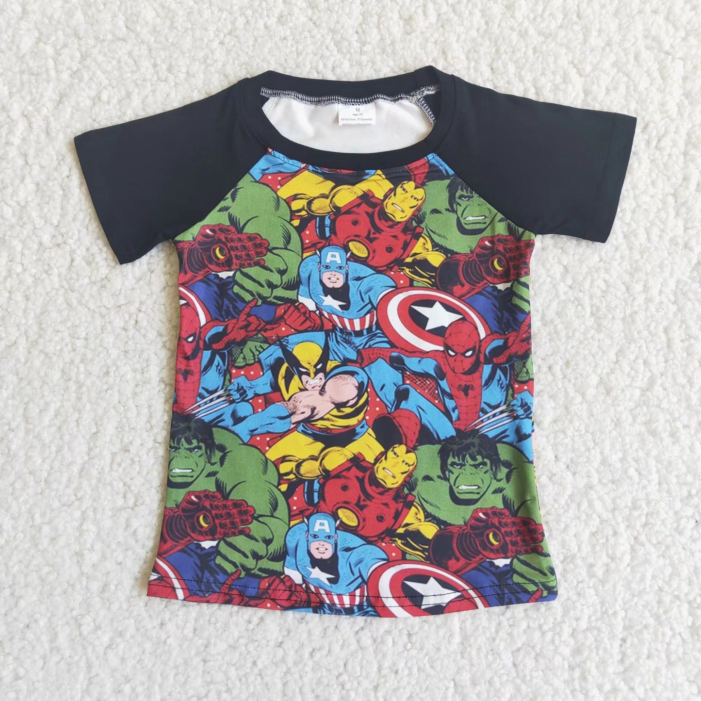 Boys Cartoon Black Shirt Top Short Sleeves