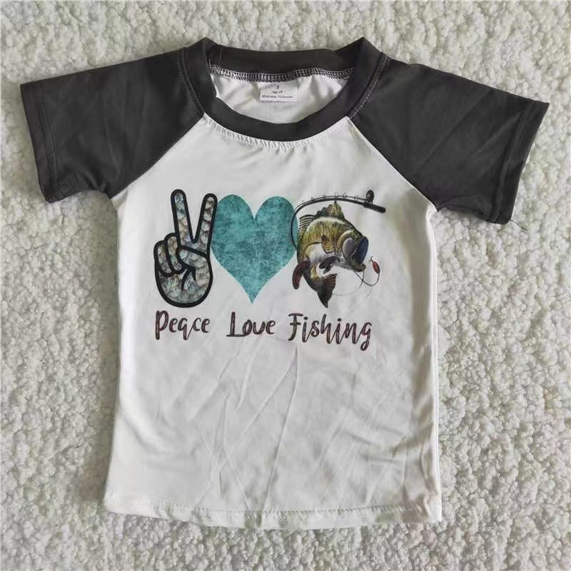 Boys Peace Love Fishing Shirt Top Short Sleeves