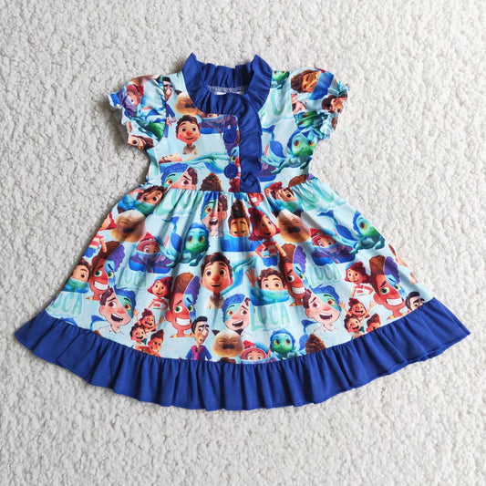 Girls Cartoon Blue Dress Short Sleeves