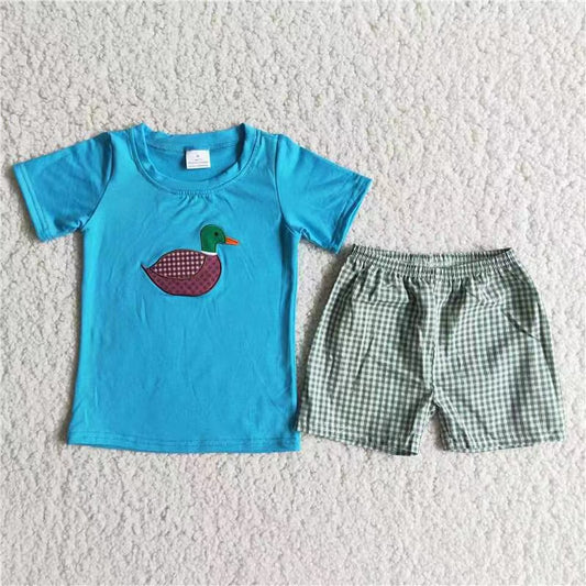 Boys Embroidery Mallard Outfits Short Sleeves Plaid Shorts