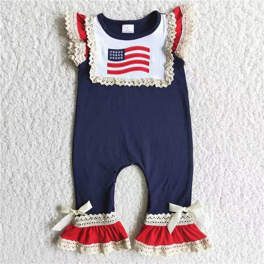 Girls Embroidery Flag Navy Rompers