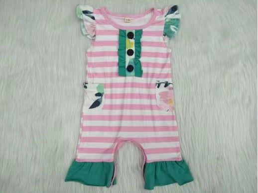 Girls Pink Stripe Summer Rompers Flutter Sleeves