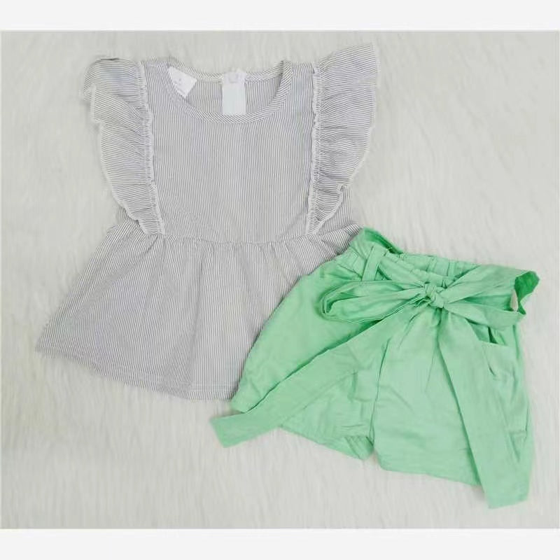 Girls Gray Outfits Short Sleeves Green Shorts