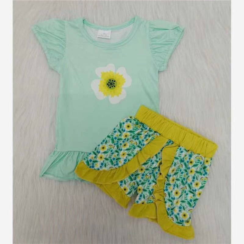 Girls Green Outfits Short Sleeves Floral Shorts Sales