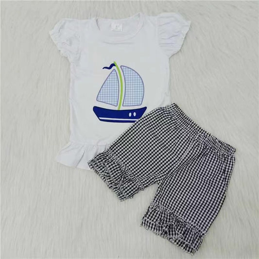 Girls Sailboat Outfits Short Sleeves Black Plaid Shorts