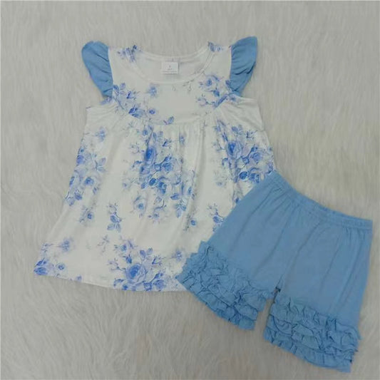 Girls Sky Blue Floral Outfits Flutter Sleeves Blue Shorts